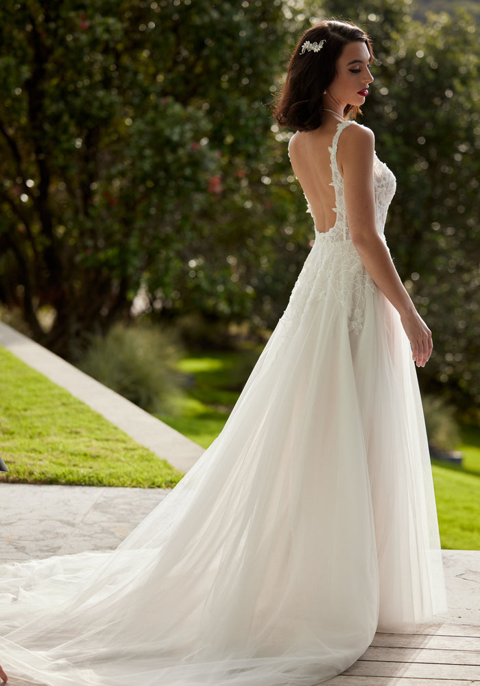 A-line square neckline tulle fabric wedding dress. with beaded details on plunging scoop back.