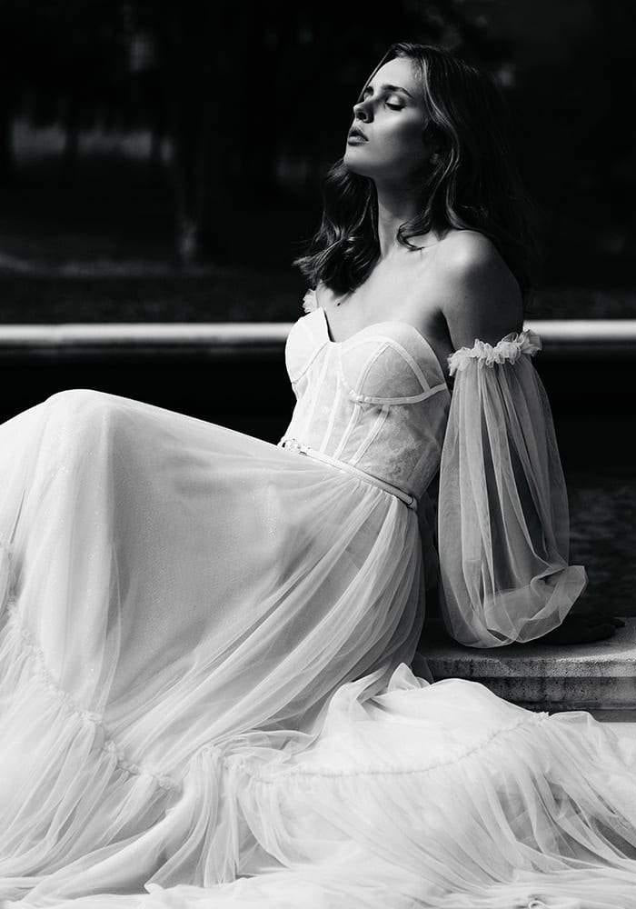 Model wears Natalia bridal gown by Atelier Wu