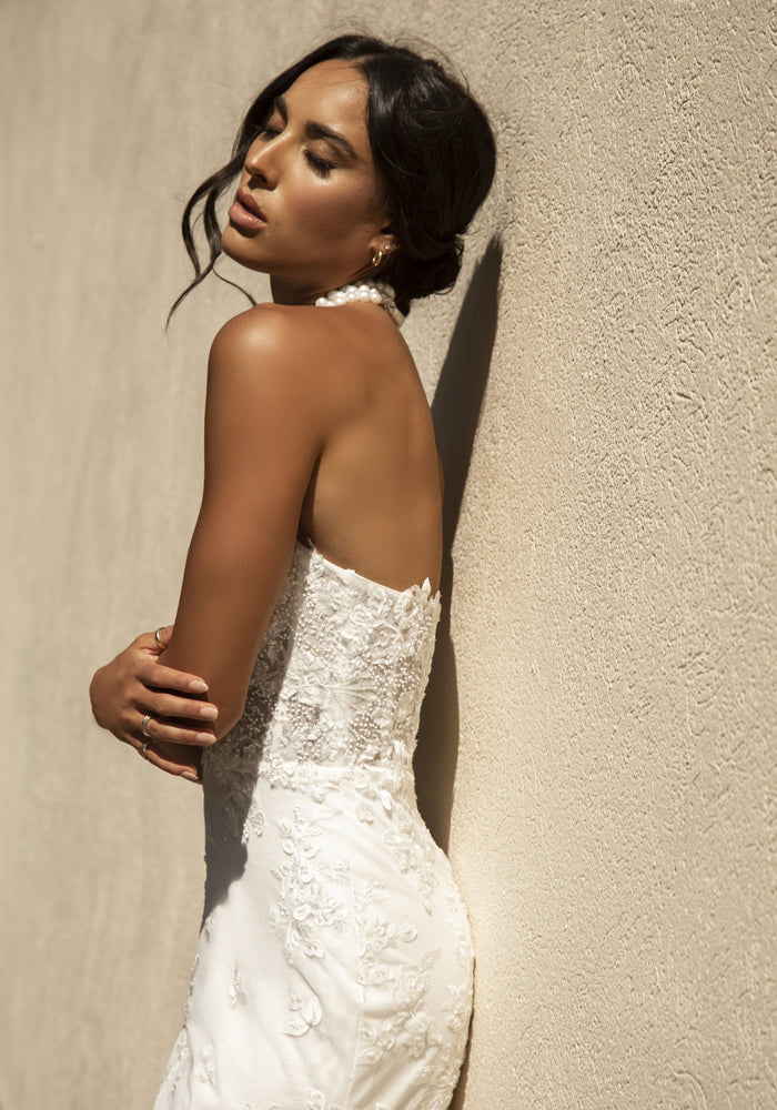 Side view of Roberta bodice with floral beaded lace detail.