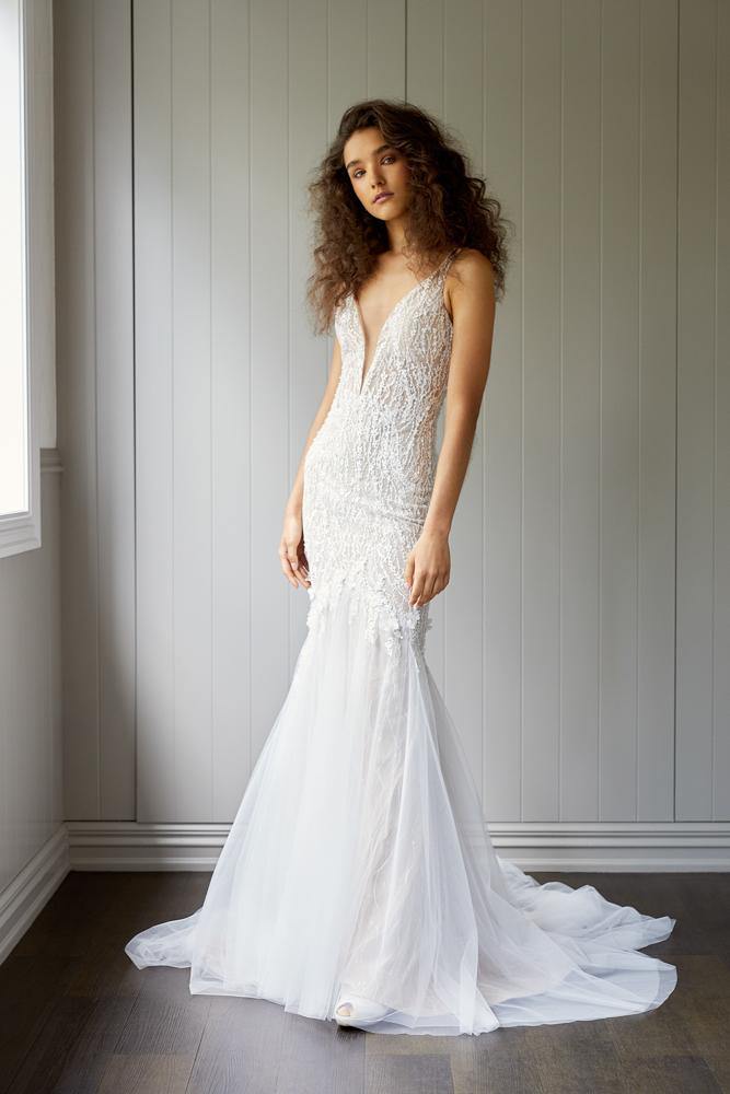Model wearing Leslie wedding gown