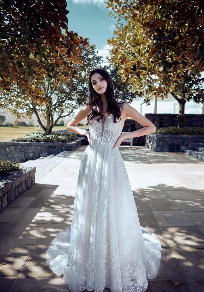 Model wearing Jendra wedding gown