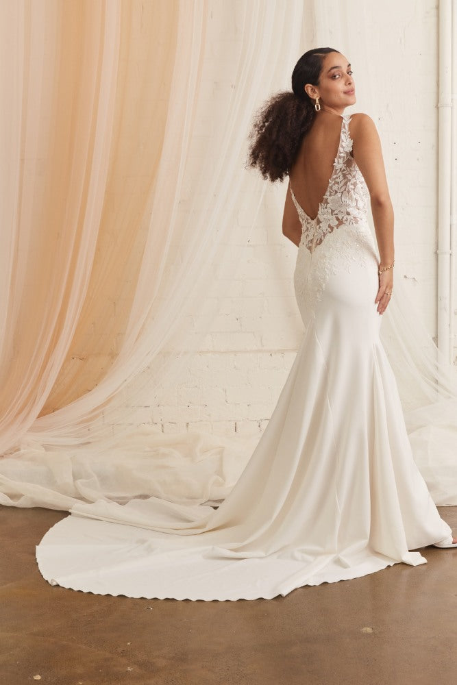 Model wearing saloni wedding dress