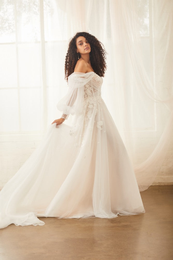 Model wearing Sky wedding dress