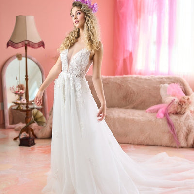 Model wearing A-line Sookie wedding dress with 3D florals from the Mademoiselle collection