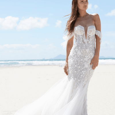 Lace and tulle fit-n-flare floral wedding dress.